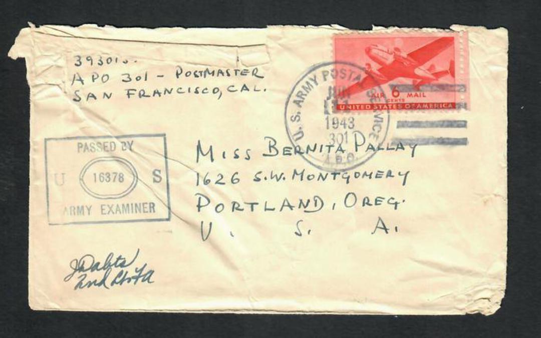 USA 1943 Airmail Letter from army serviceman. Postmark US Army Postal Service 301. Passed by Army Examiner 16378. Crunched. image 0