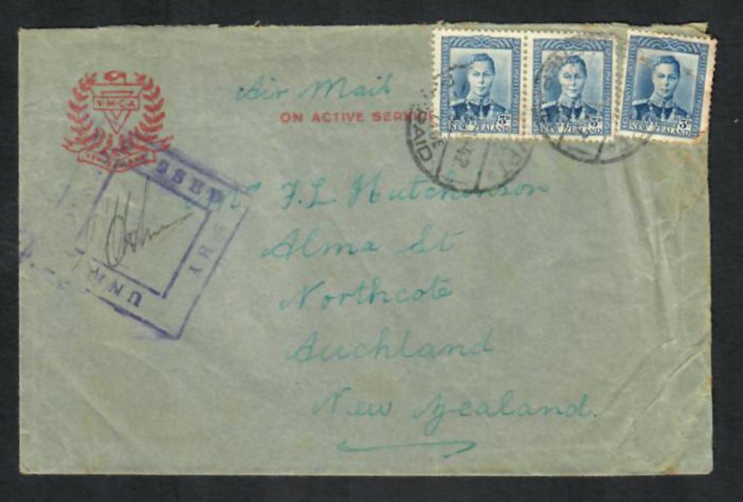 NEW ZEALAND 1942 Airmail Letter YMCA envelope from Eygpt to New Zealand. 3 x 3d Geo 6th Definitives postmarked Egypt Prepaid wit image 0