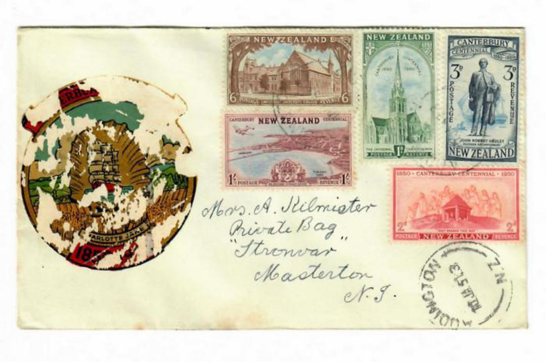 NEW ZEALAND 1950 Centenary of Canterbury. Set of 5 on illustrated first day cover. Transfer damaged. Stuck on to a plain cover. image 0