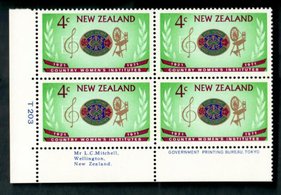 NEW ZEALAND 1971 Country Women's Institute 4c. Plate Block T203. - 56312 - UHM image 0