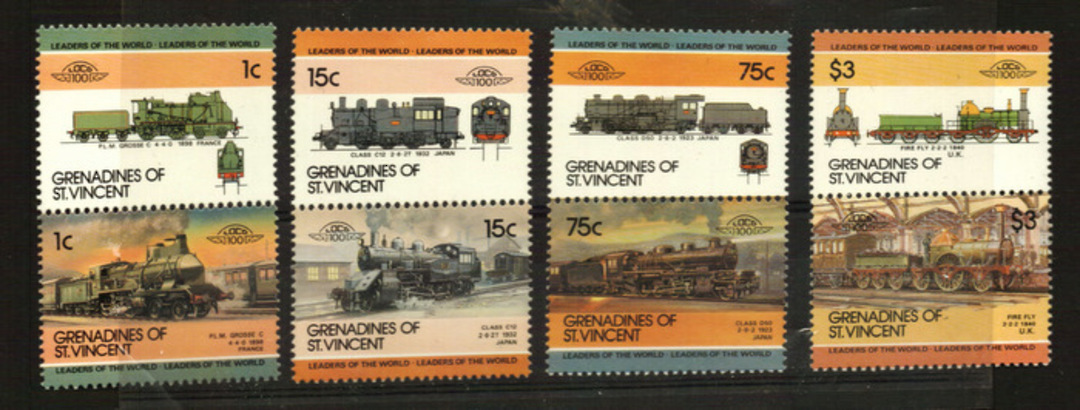 ST VINCENT GRENADINES 1985 Leaders of the World. Third series. Railway Locomotives. Set of 8 in joined pairs. - 22514 - UHM image 0