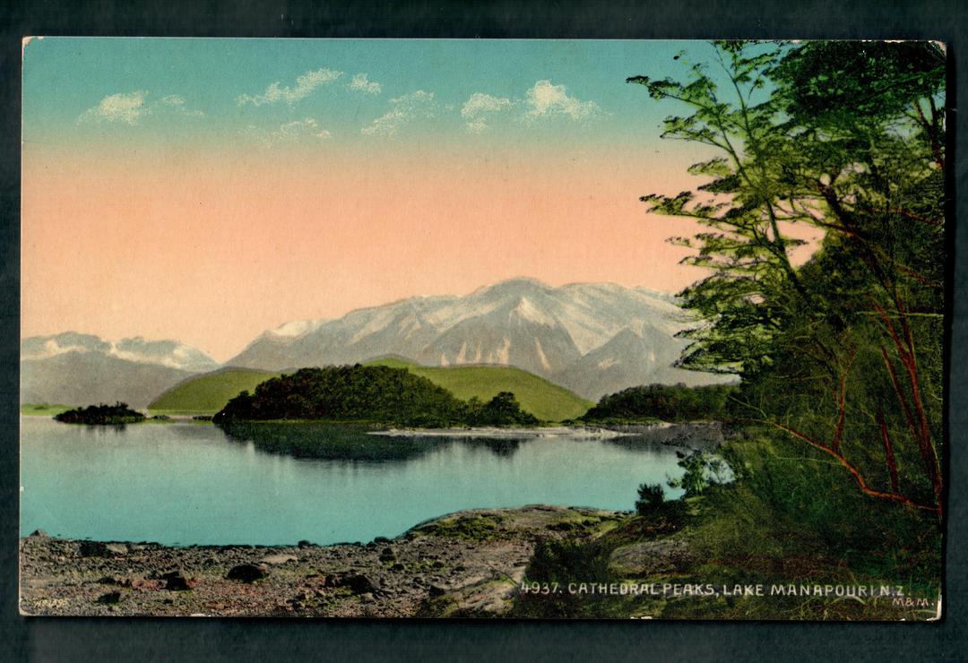 Coloured postcard by Muir and Moodie of Cathedral Peaks Lake Manapouri. - 49044 - Postcard image 0