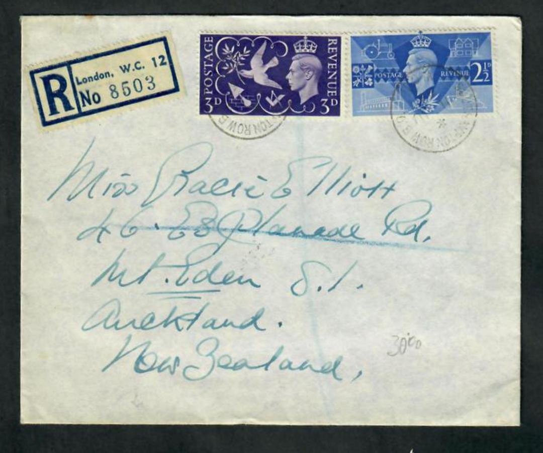 GREAT BRITAIN 1946 Victory. Set of 4 on first day cover. Registered London W.C.12 to Mt Eden Auckland. Backstamps SOUTHAMPTON RO image 0
