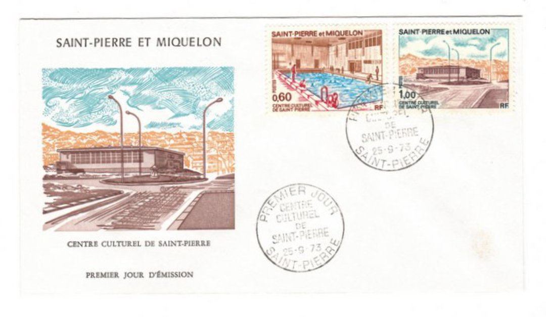 ST PIERRE et MIQUELON 1973 St Pierre Cultural Centre. Set of 2 on first day cover. - 38242 - PostalHist image 0