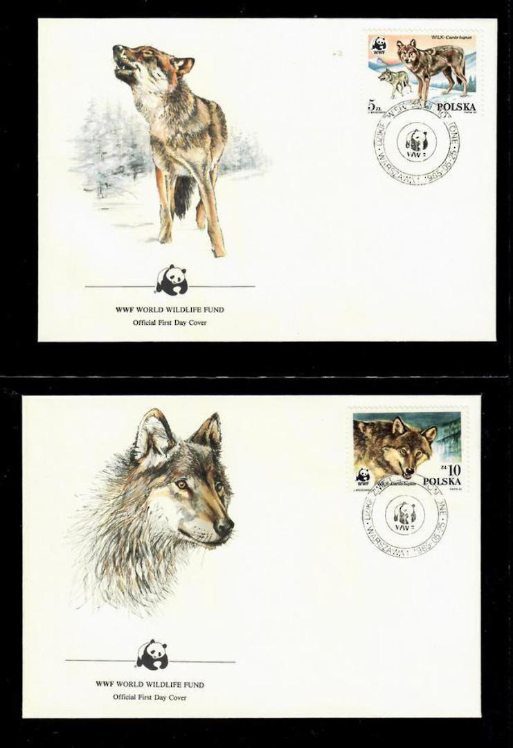 POLAND 1985 World Wildfile Fund. Wolf. Set of 4 in mint never hinged and on first day covers with 6 pages of official text. The image 1