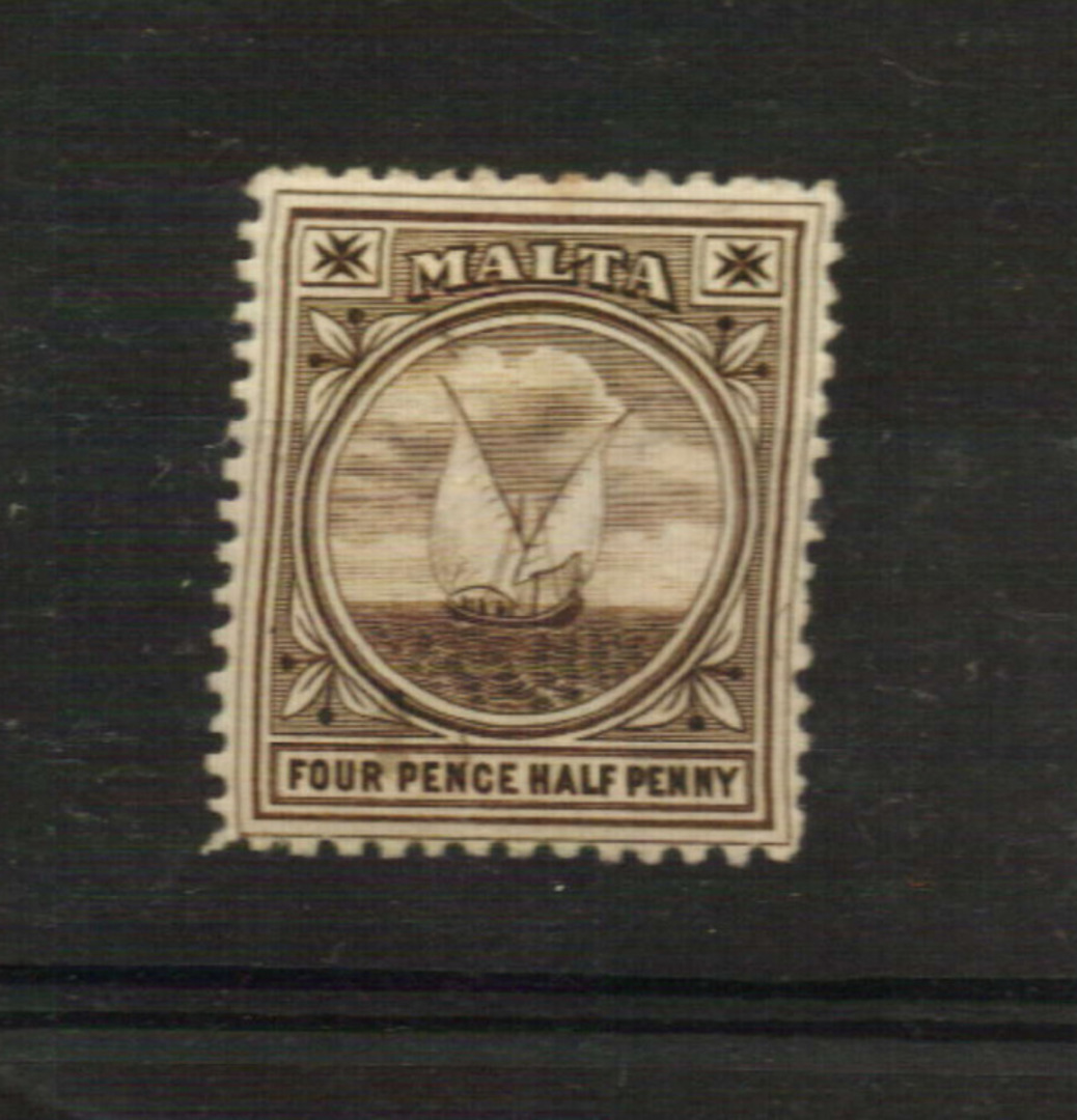 MALTA 1899 Definitive 4½d Sepia. Galley of the Knights of St John. Light tone spot on one perf. - 21194 - Mint image 0