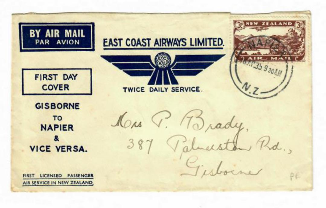 NEW ZEALAND 1935 Cover flown from NAPIER 16/4/35 9.30 am to GISBORNE 16/4/35 12.30 pm. Both C class postmarks. Bears 3d airmail. image 0