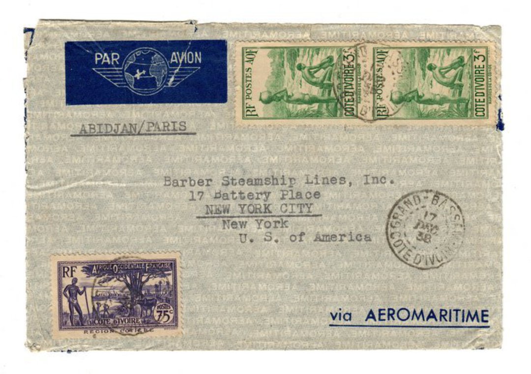 IVORY COAST 1938 Airmail Letter from Grand-Bassam to Barber Steamship Lines Inc New York. Via  Aeromaritime Abidjan and Paris. N image 0