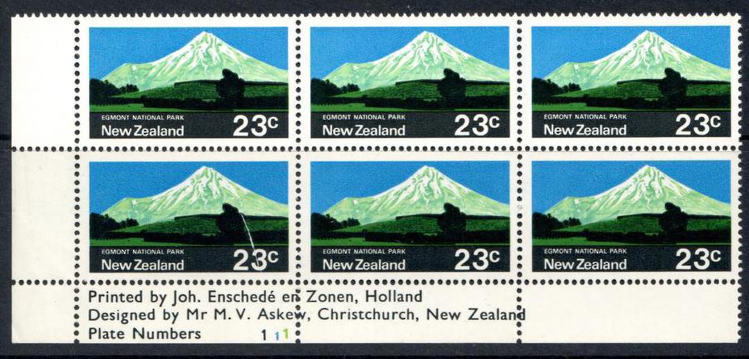 NEW ZEALAND 1970 Pictorial 23c Egmont National Park Black Blue and Dull Yellow-Green. Plate Block 111. Second printing. Identifi image 0