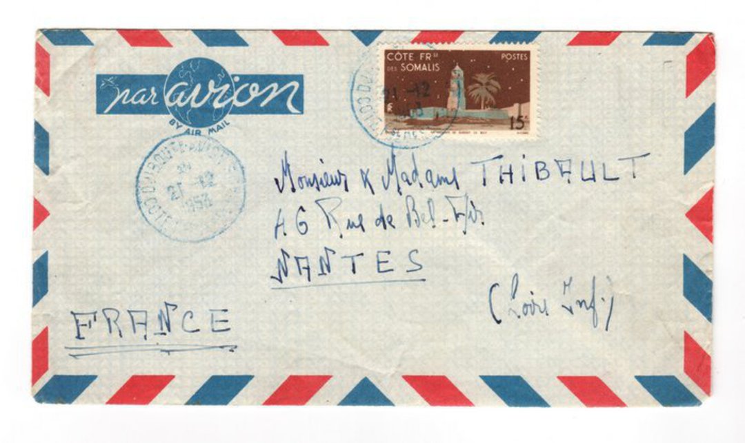 FRENCH SOMALI COAST 1953 Airmail Letter from Djibouti to Nantes. - 38260 - PostalHist image 0