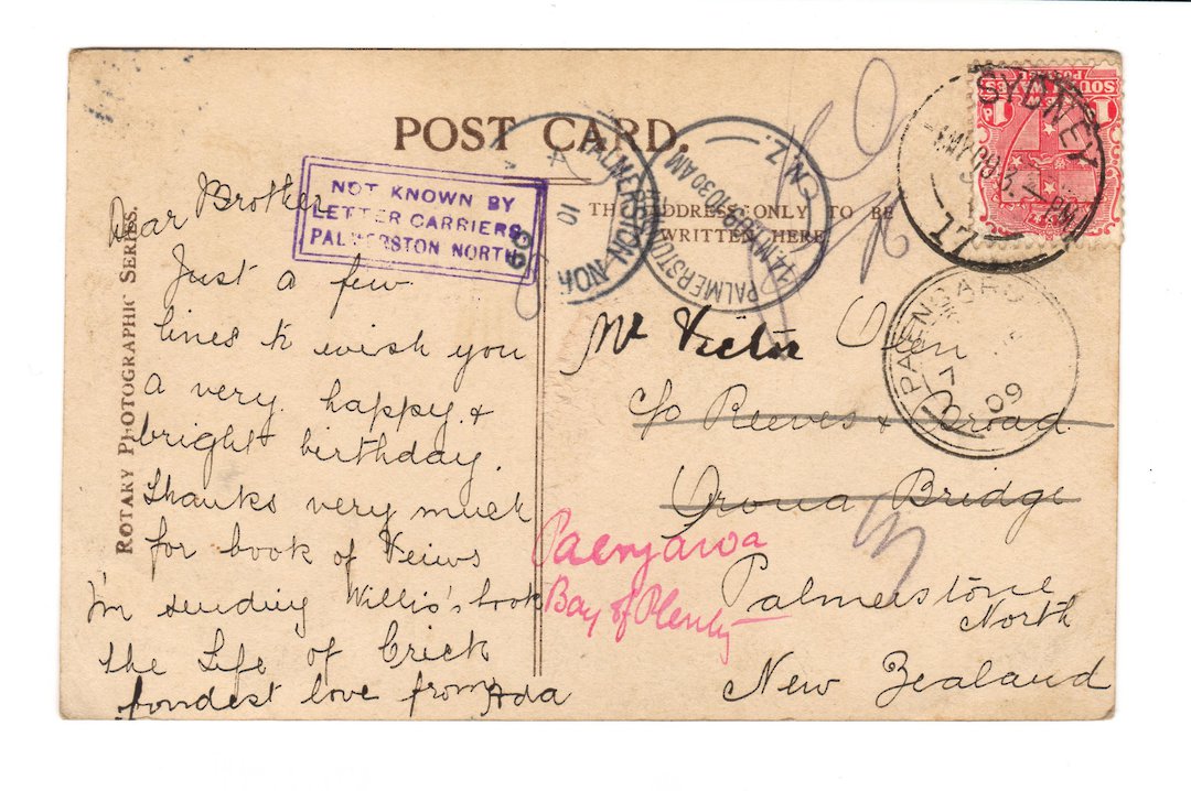 Postcardaddressed to Palmerston North. Purple cachet "Not known by Letter Carrier Palmerston North". - 30953 - PostalHist image 0