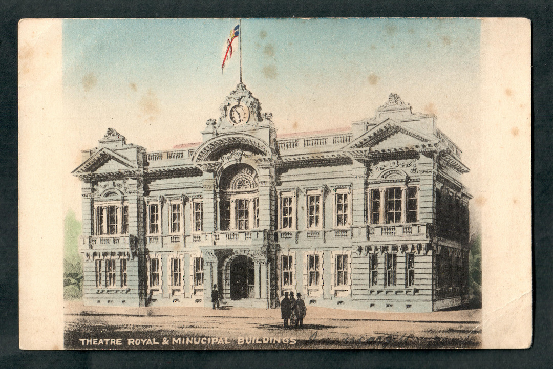 Coloured postcard of Theatre Royal and Municipal Buildings Invercargill. - 49328 - Postcard image 0