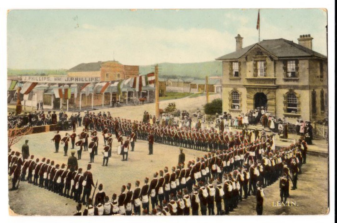 Coloured Postcard of Levin. Soldiers on Parade in front of the Post Office 30/10/1917. Obviosly the victory parade. - 69536 - Po image 0