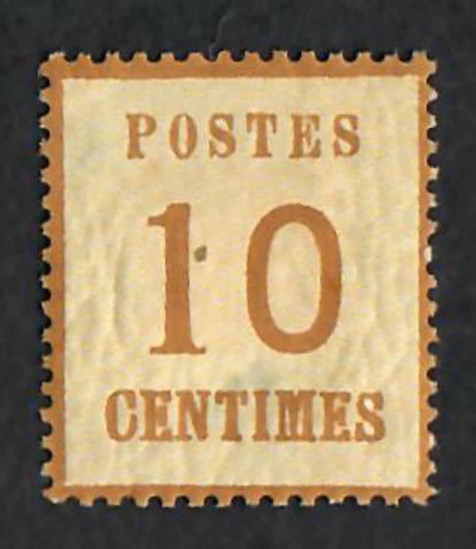 ALSACE and LORRAINE 1870 Definitive 10c Bistre-Brown. Points of the net upwards.  Genuine copy. "P" of Postes 3mm + from left ed image 0
