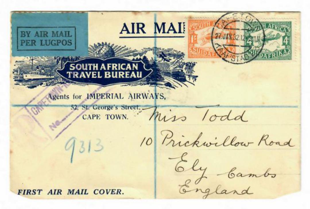 SOUTH AFRICA 1933 Registered Airmail Letter to England. South African Travel Bureau agents for Imperial Airways. 1929 air set. - image 0