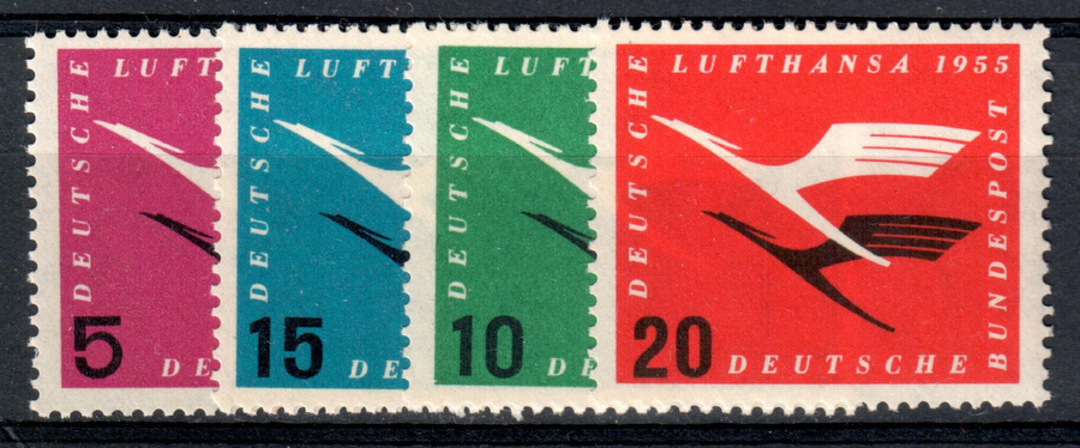 WEST GERMANY 1955 Re-establishment of the Lufthansa Airline. Set of 4. Very lightly hinged. - 76028 - LHM image 0