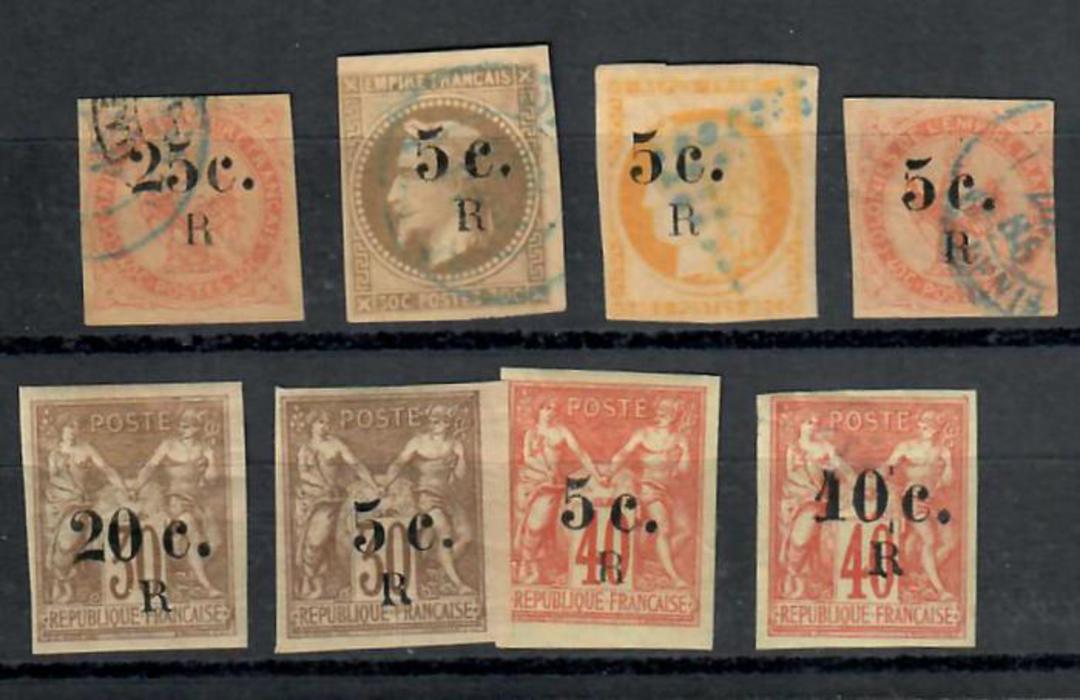 REUNION 1885 Definitives Surcharges. Set of 8. SG 3-6 are fine used but SG 3 has only three margins and a repaired tear. But it image 0