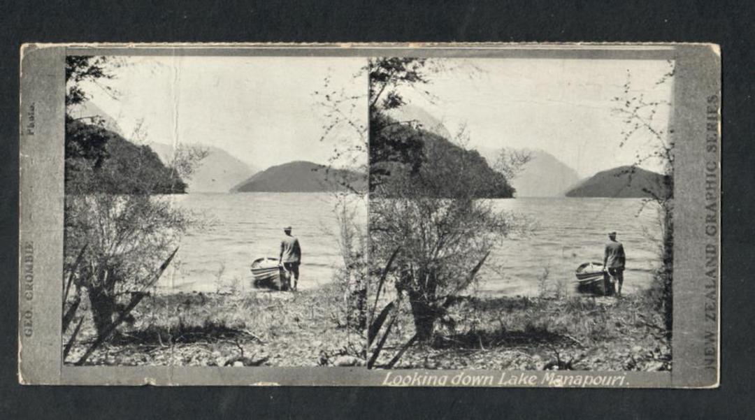 Stereo card New Zealand Graphic series. Looking down Lake Manapouri. - 140026 - Postcard image 0