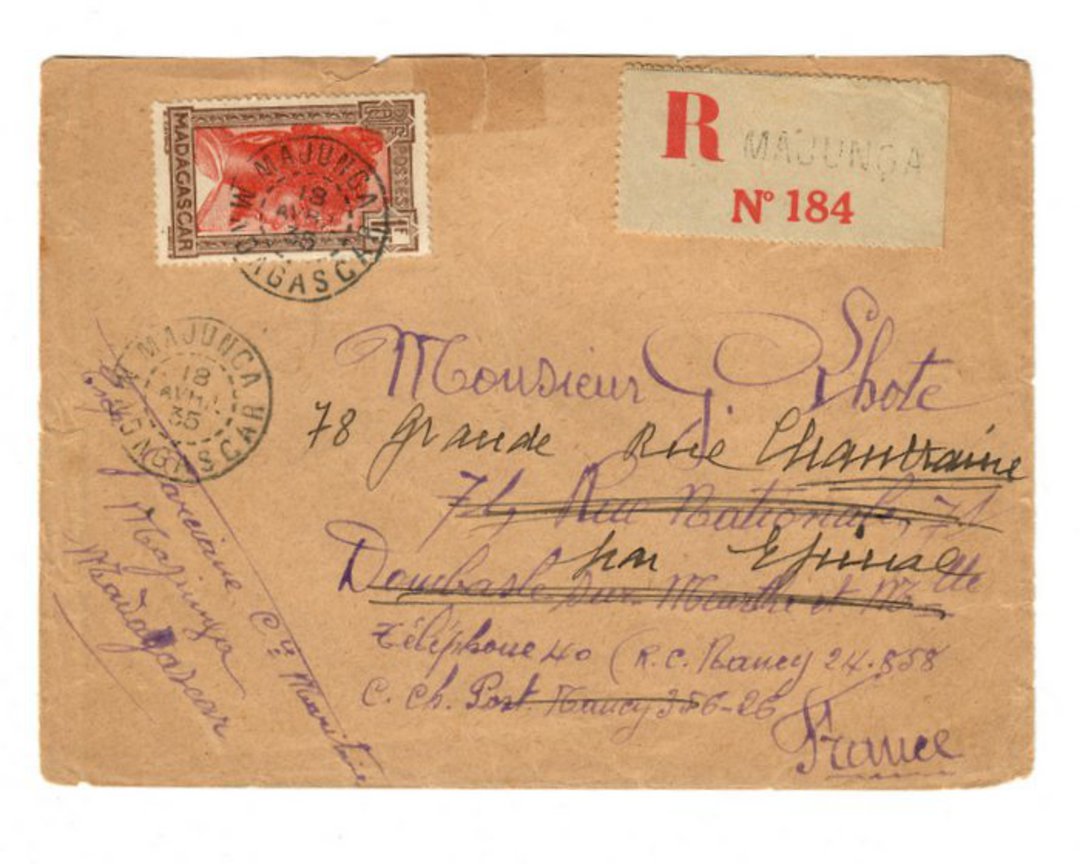 MADAGASCAR 1935 Registered Letter from Majunga to France. Readdressed. - 37684 - PostalHist image 0