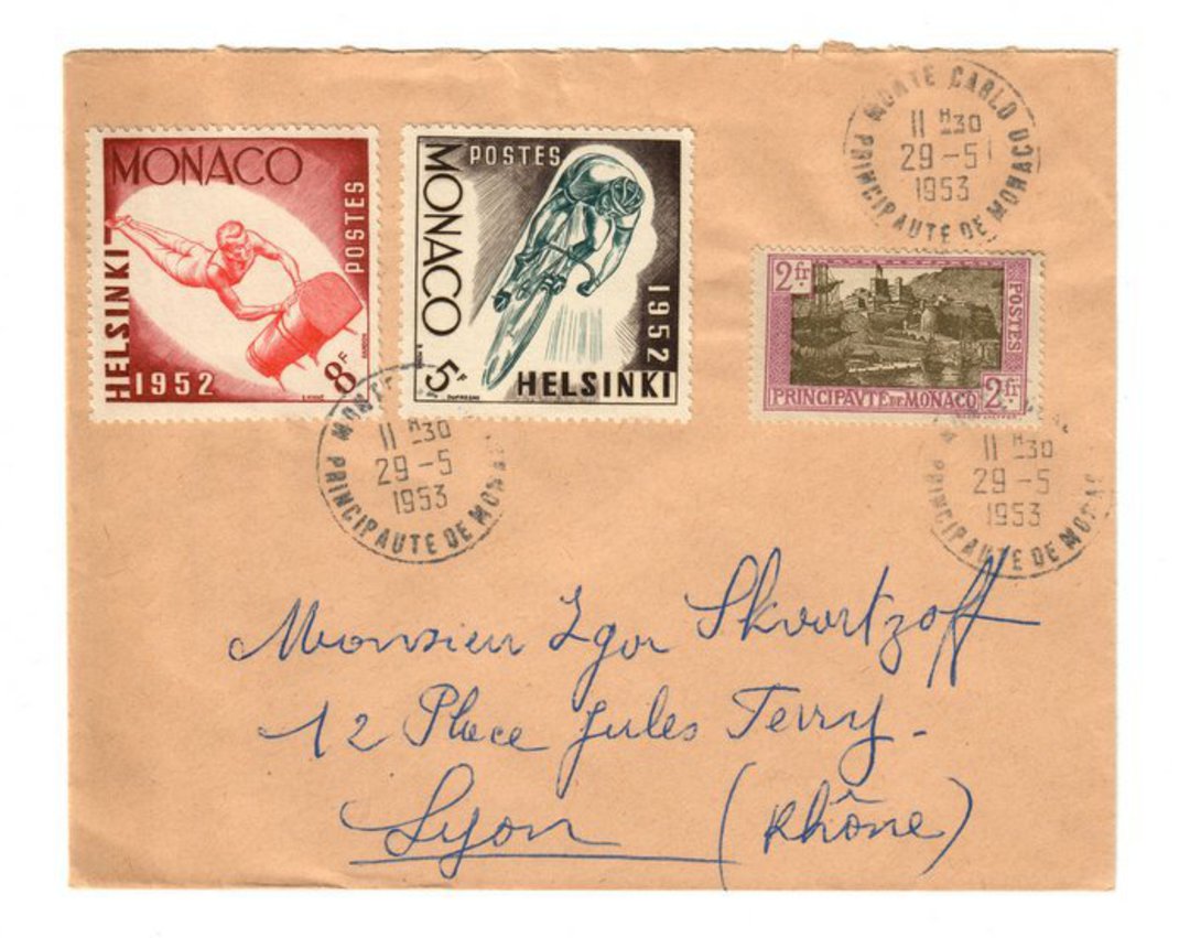MONACO 1953 Letter with Helsinki and 1924 2fr to Lyon. image 0