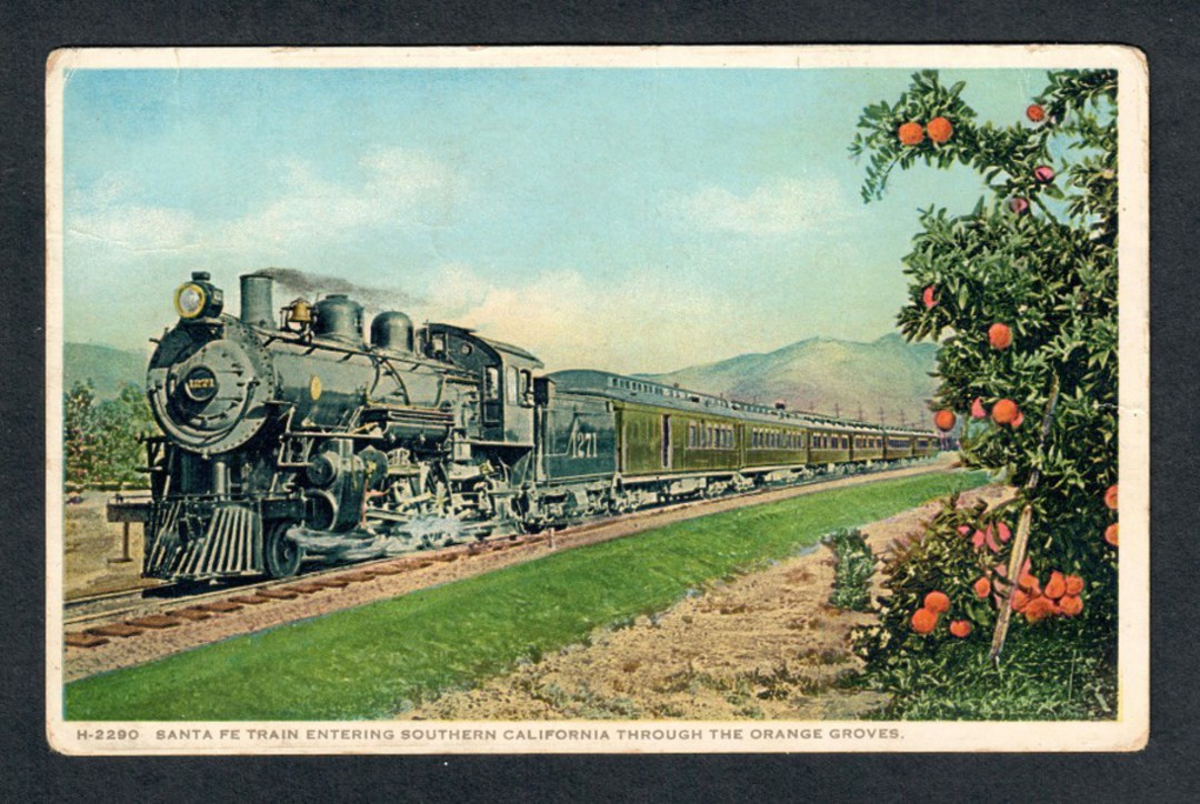 USA older Coloured postcard of Santa Fee Train entering Southern California through the oranga groves. Dull corners. - 40549 - P image 0