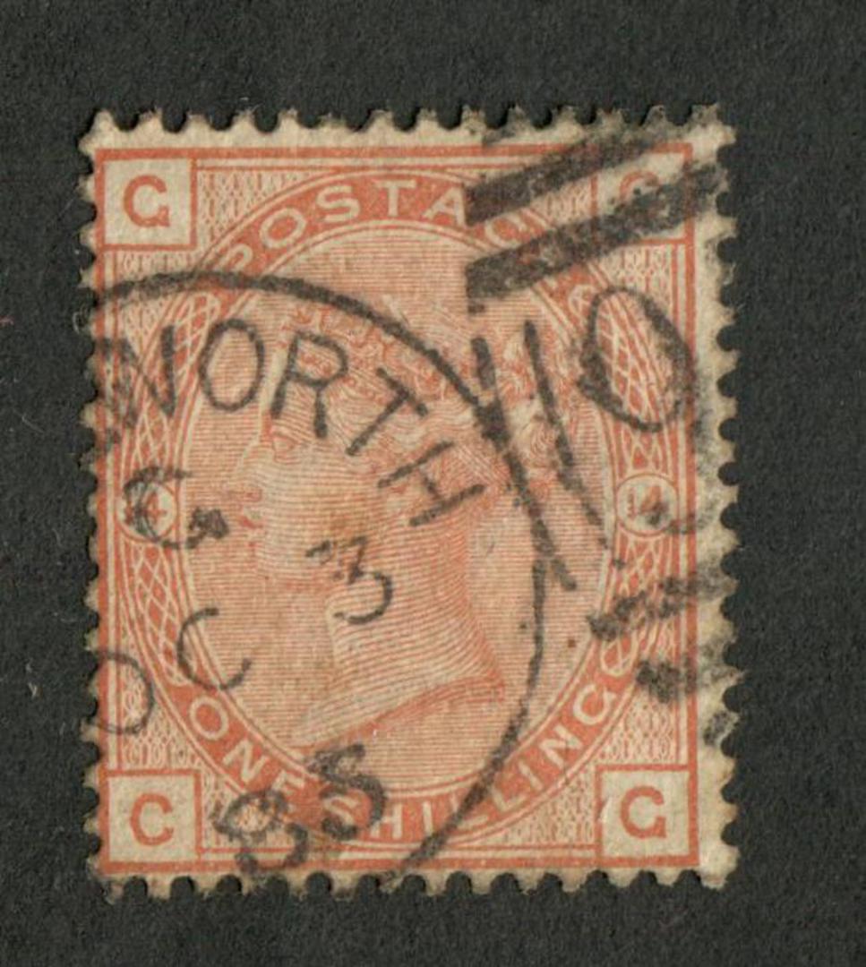GREAT BRITAIN 1880 1/- Orange-Brown. Plate 14. Letters GCCG. Both parts of the postmark show 3/10/85. Almost perfectly centred. image 0