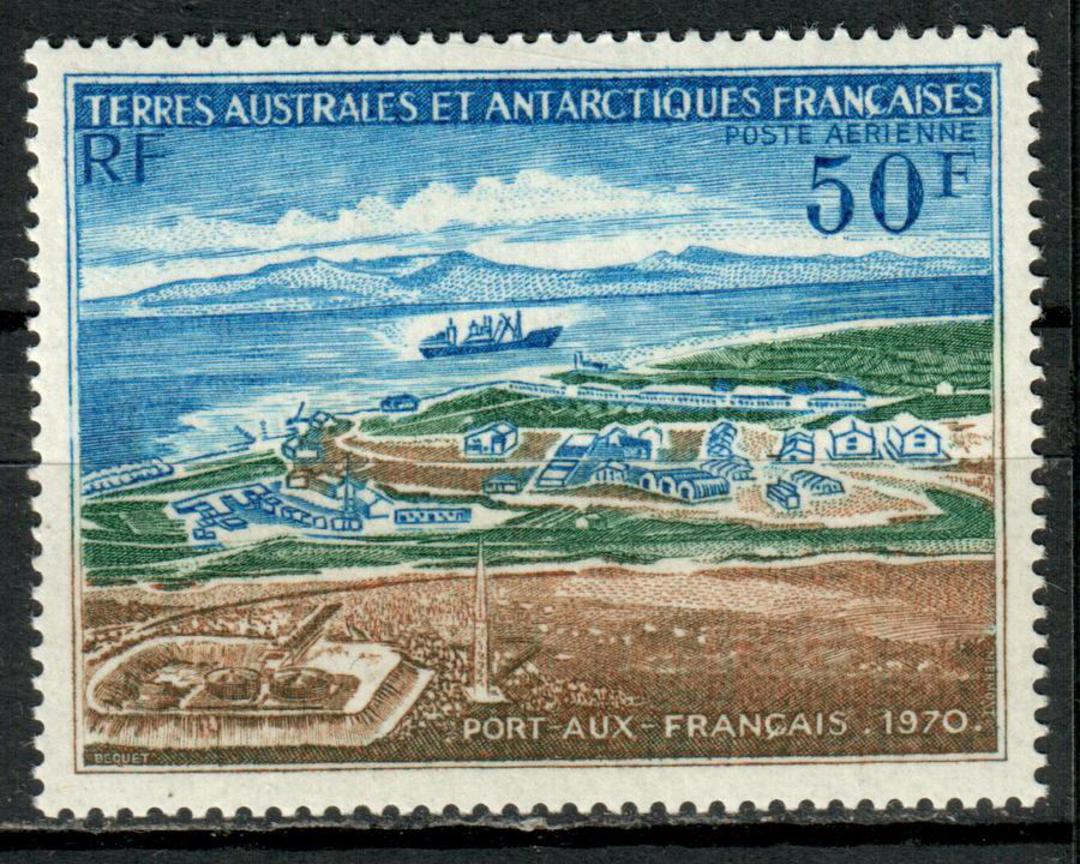FRENCH SOUTHERN and ANTARCTIC TERRITORIES 1971 20th Anniversary of Port aux Francais. 50fr Green Blue & Brown. Featuring a Ship image 0