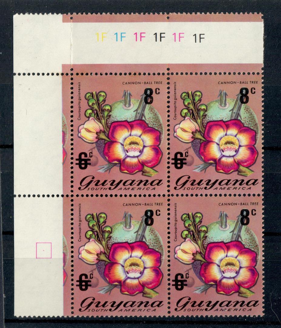 GUYANA 1974 Definitive Surcharge 8c on 6c Cannon-ball tree. Variety Dot in the 8 of 8c. Row 1/1. Positional block of 4. - 20890 image 0