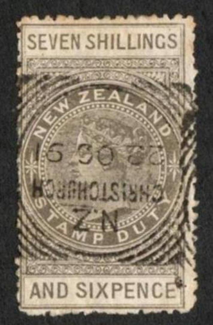 NEW ZEALAND 1882 Victoria 1st Long Type Fiscal 7/6d Grey. Postally used. Christchurch. Squared Circle cancel 22/6/1891. - 79081 image 0