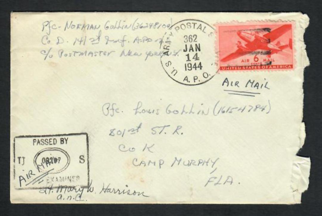 USA 1944 Airmail Letter from army serviceman. Postmark US Army Postal Service 362. Passed by Army Examiner 08297. image 0