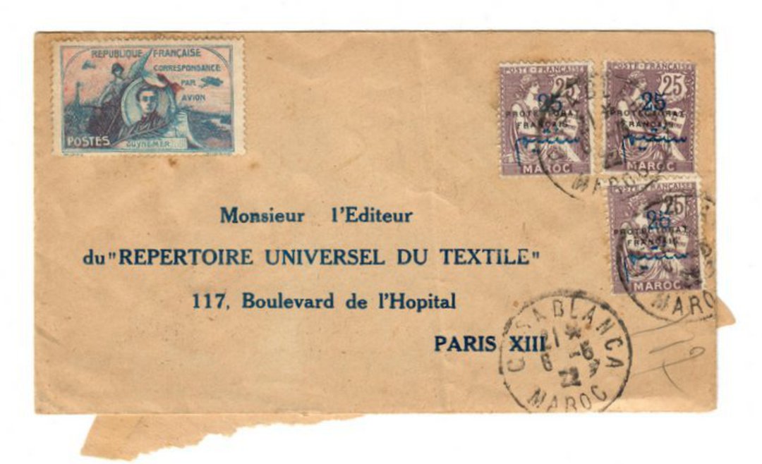 FRENCH MOROCCO 1922 Airmail Letter from Casablanca to Paris. Early airmail label. - 37725 - PostalHist image 0