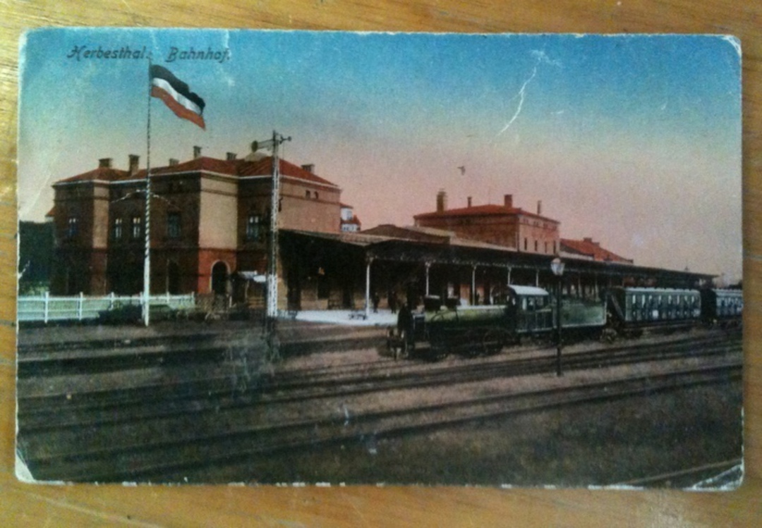 Coloured postcard of of Kerbesthale Bahnhof. Interesting comment on the reverse. - 40592 - Postcard image 0