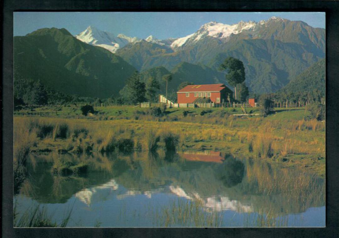 Modern Coloured Postcard by K H Salt of shearing shed and Mt Tasman. - 448851 - Postcard image 0
