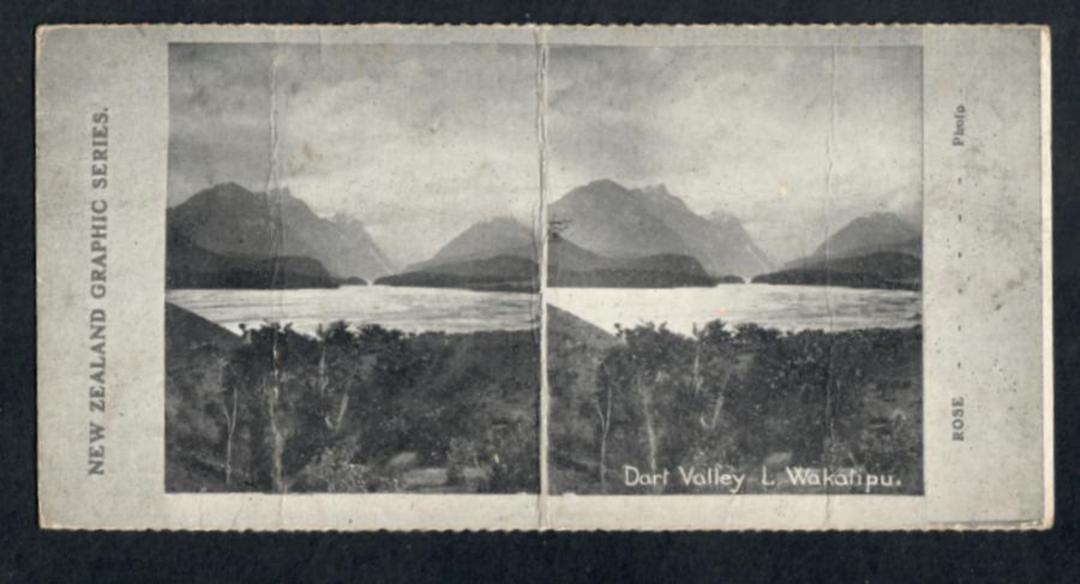 Stereo card New Zealand Graphic series of Dart Valley Lake Wakatipu. - 140030 - Postcard image 0