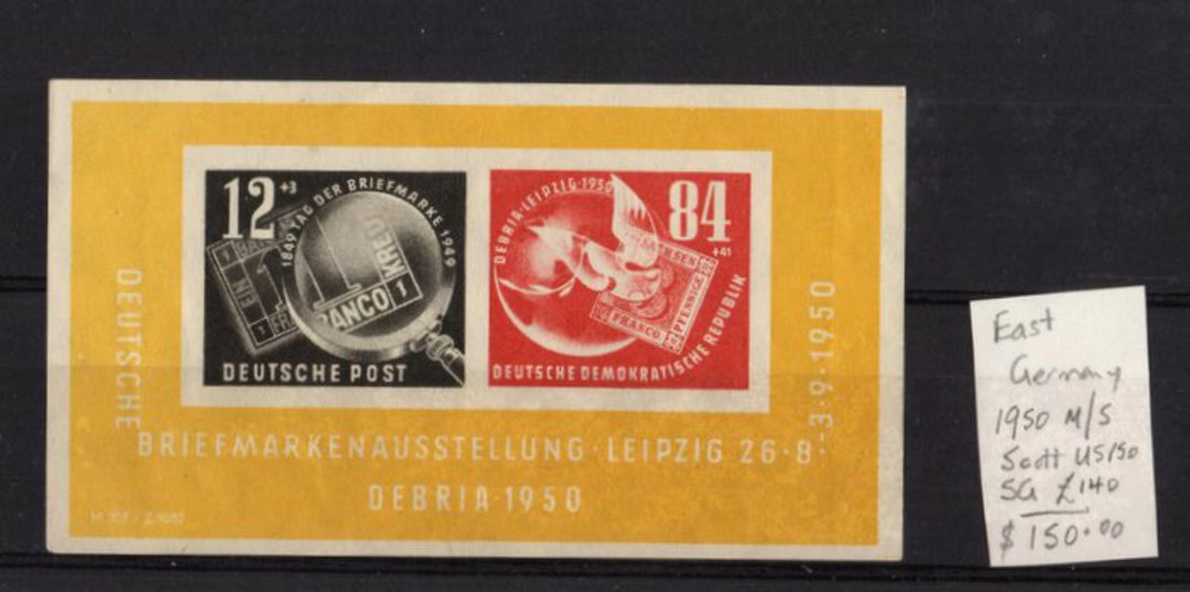 EAST GERMANY 1950 Philatelic Exhibition DEBRIA. Miniature sheet with SG E4 and E19. Lightly hinged but good quality. Scott cat v image 0