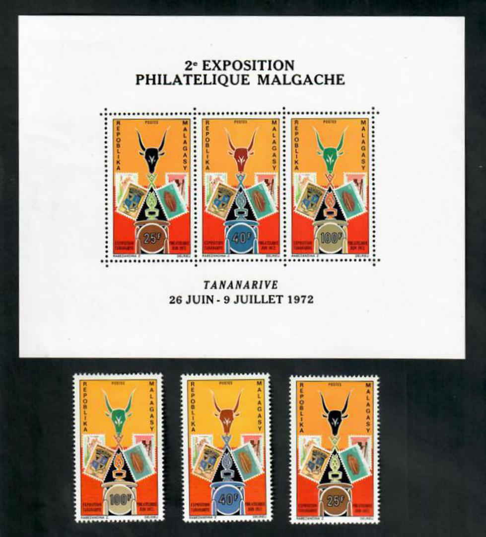 MALAGASY REPUBLIC 1972 International Stamp Exhibition. Set of 3 and miniature sheet. - 50814 - UHM image 0