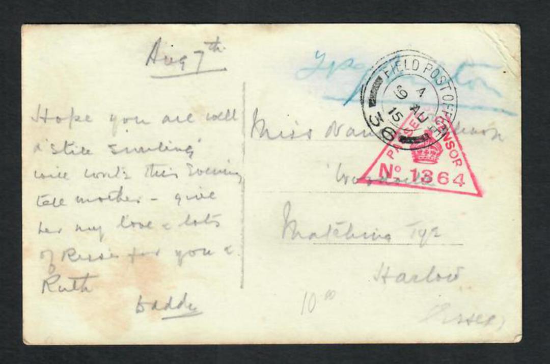 GREAT BRITAIN 1915 Postcard from France with Field Post Office 36 cancel 9/8/15. Passed by Censor 1364. Red Triangle. - 32356 - image 0