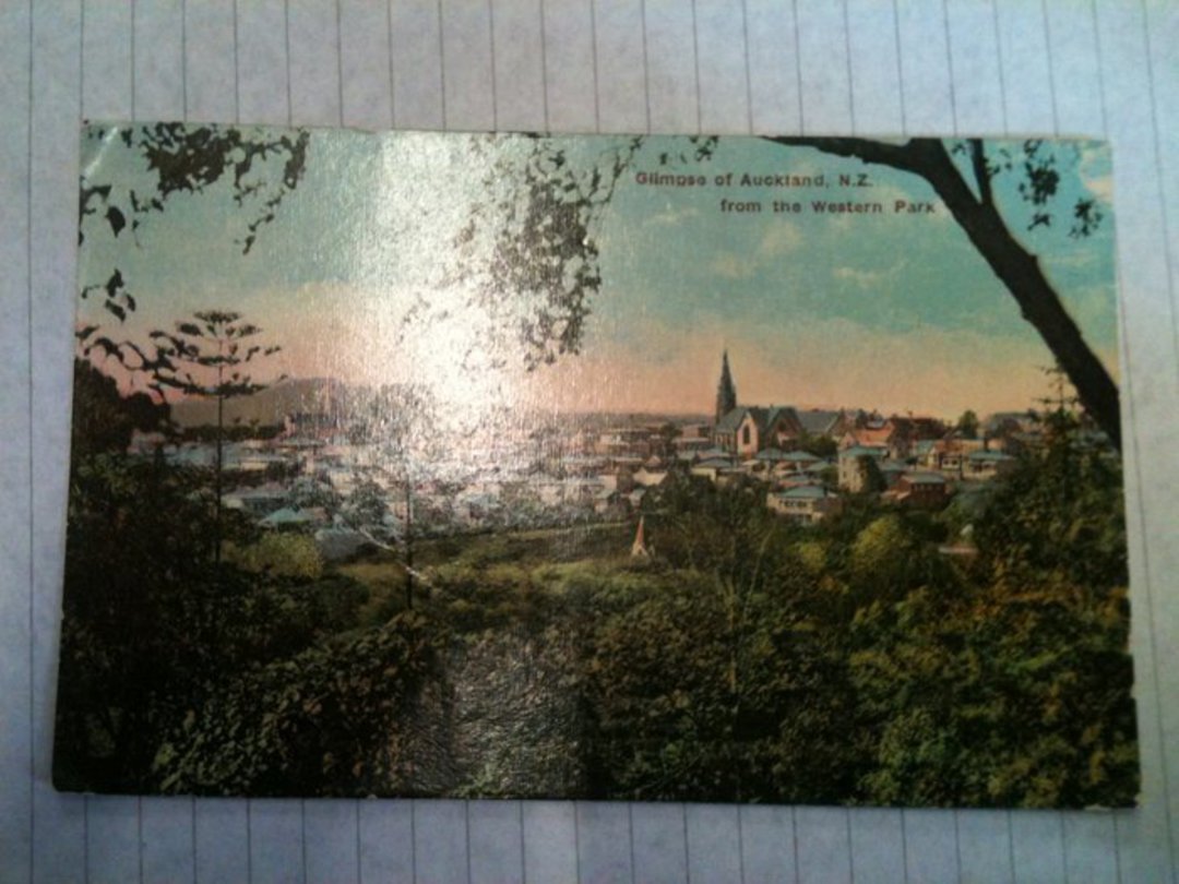 Coloured postcard. Glimpse of Auckland from Western Park. - 45238 - Postcard image 0