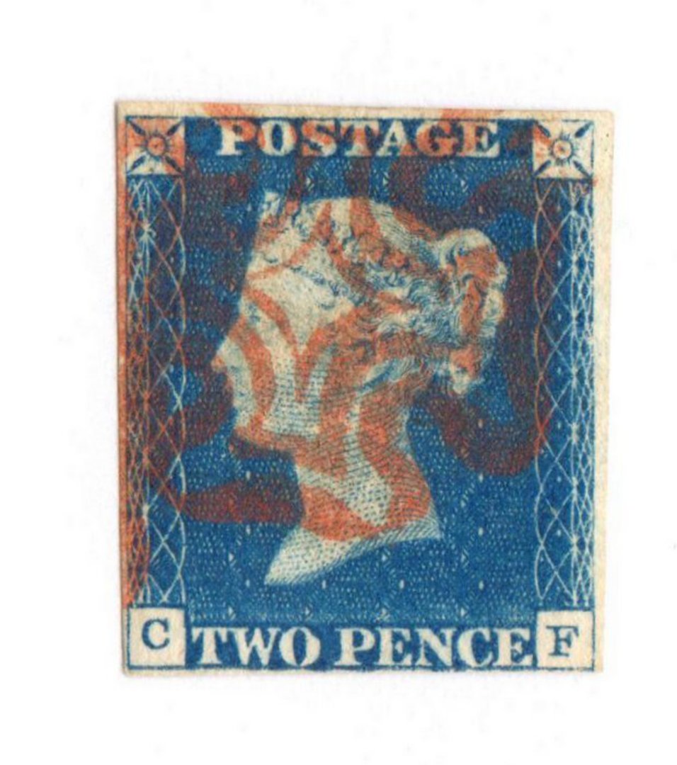 GREAT BRITAIN 1840 2d Blue.Imperf 4 margins.Letters C F. Beautiful Red Maltese Cross strike .Superior copy of exhibition quality image 0