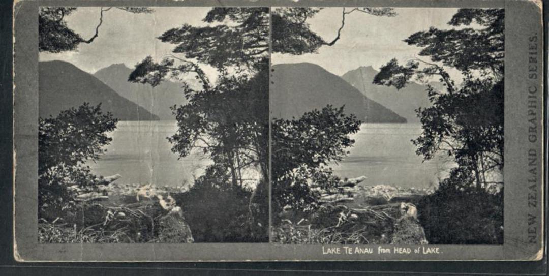 Stereo card New Zealand Graphic series of head of Lake Te Anau. - 140039 - Postcard image 0