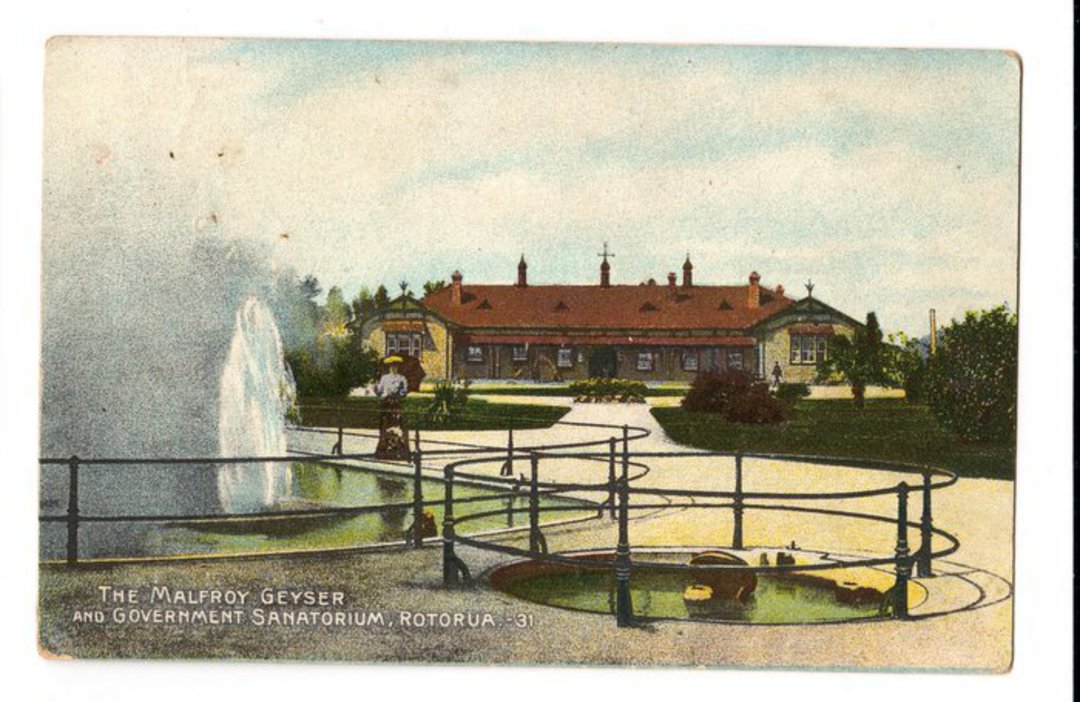 Coloured postcard of <alfroy Geyser and Government Sanitorium Rotorua. - 46053 - Postcard image 0