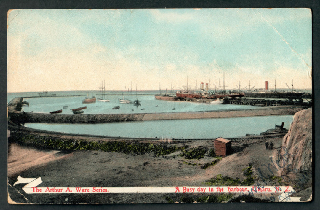 Coloured postcard of a busy day in the Harbour Timaru. - 48557 - Postcard image 0