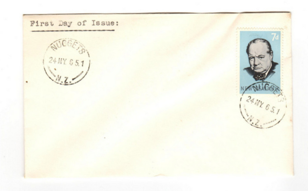NEW ZEALAND Postmark Dunedin  NUGGETS on 1965 Churchill first day cover. As Nuggets was a telegraph office the postmark was obta image 0