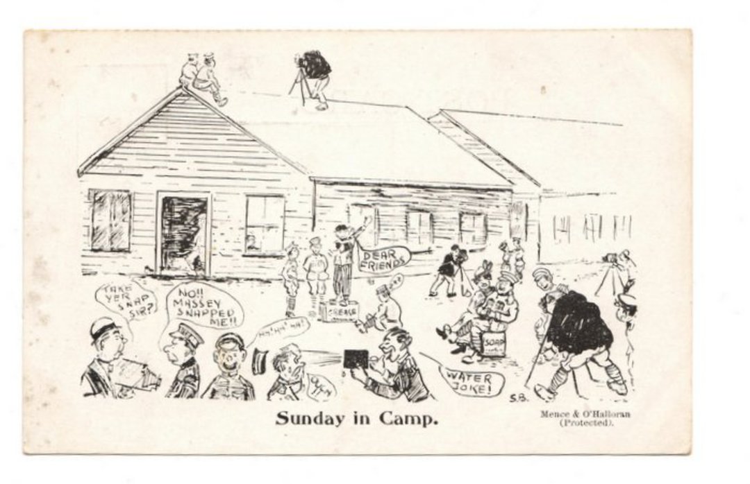 Postcard by Mence and O'Halloran World War 1 Military Humor. Sunday in Camp. Produced at the Featherson Miliray Camp. - 69981 - image 0
