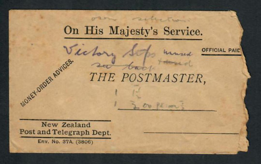 NEW ZEALAND Post and Telegraph Cover. Money-Order Advices. Addressed to The Postmaster. Official Paid. In very poor condition. - image 0