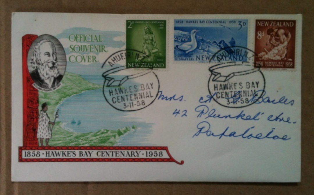NEW ZEALAND 1958 Centenary of the Hawkes Bay. Set of 3 on first day cover. - 520331 - FDC image 0