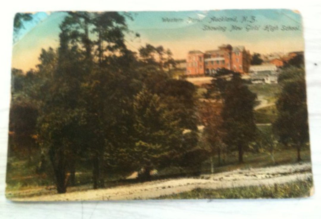 Coloured postcard of Western Park Auckland. Faults at top. - 45207 - Postcard image 0
