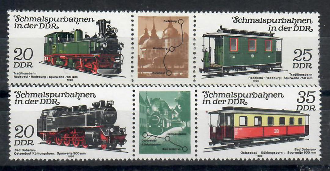EAST GERMANY 1980 Narrow Guage Railways. First series. Set of 4 in joined pairs with centre labels. - 22110 - UHM image 0