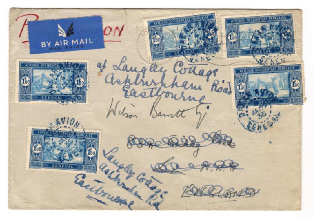 SENEGAL 1935 Airmail Letter from Dakar Avion to England. Readdressed. - 38207 - PostalHist image 0