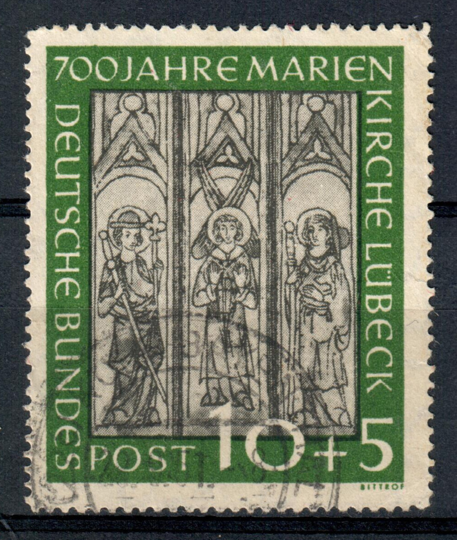 WEST GERMANY 1951 700th Anniversary of St Mary's Church Lubeck 10pf + 5pf Black and Green. - 75401 - FU image 0